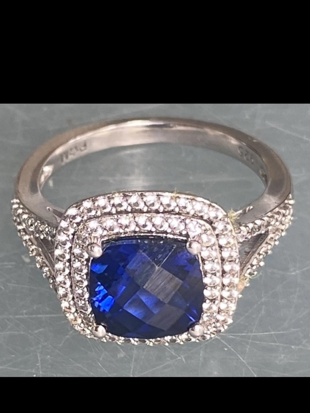 P✨M Cushion Cut Blue Sapphire Lab Created Ring Italy Sterling Silver 925 Sz 7
